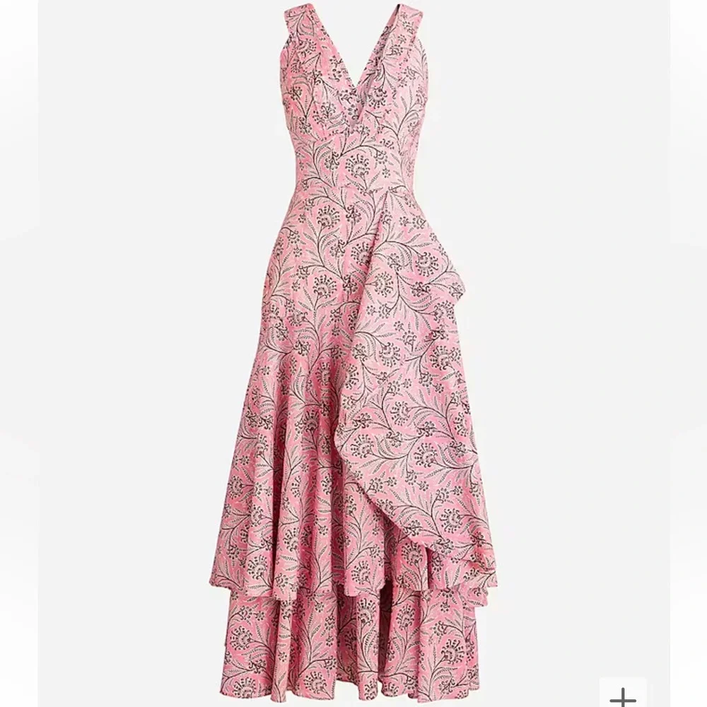 J. Crew Collection cross back tiered ruffle hem midi dress in Ratti coral vines
